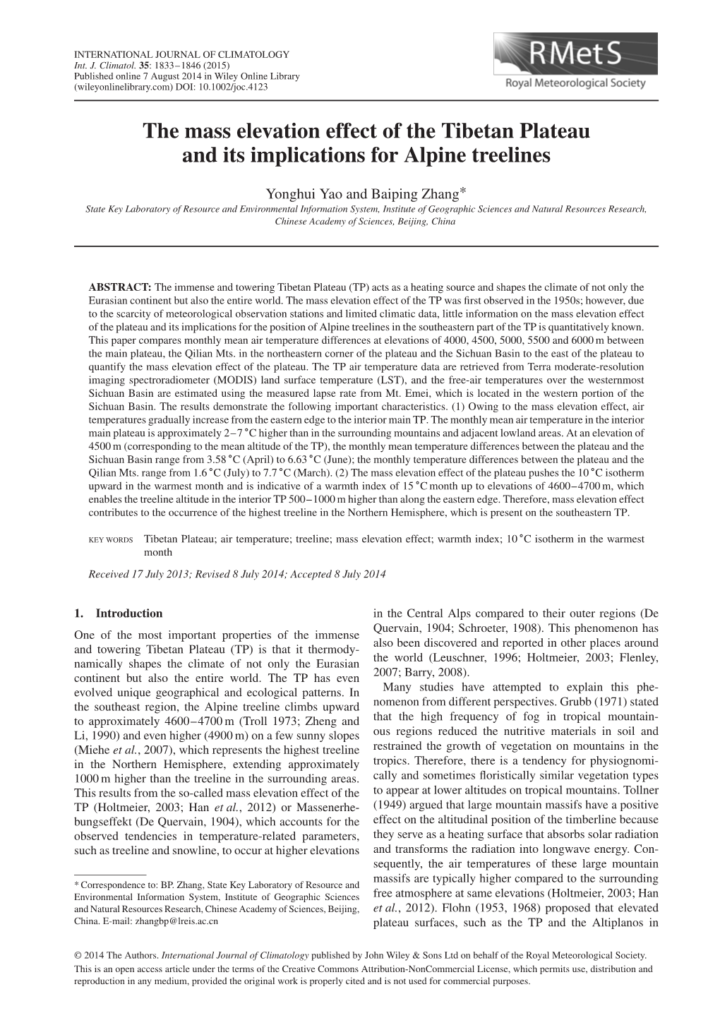 The Mass Elevation Effect of the Tibetan Plateau and Its Implications for Alpine Treelines