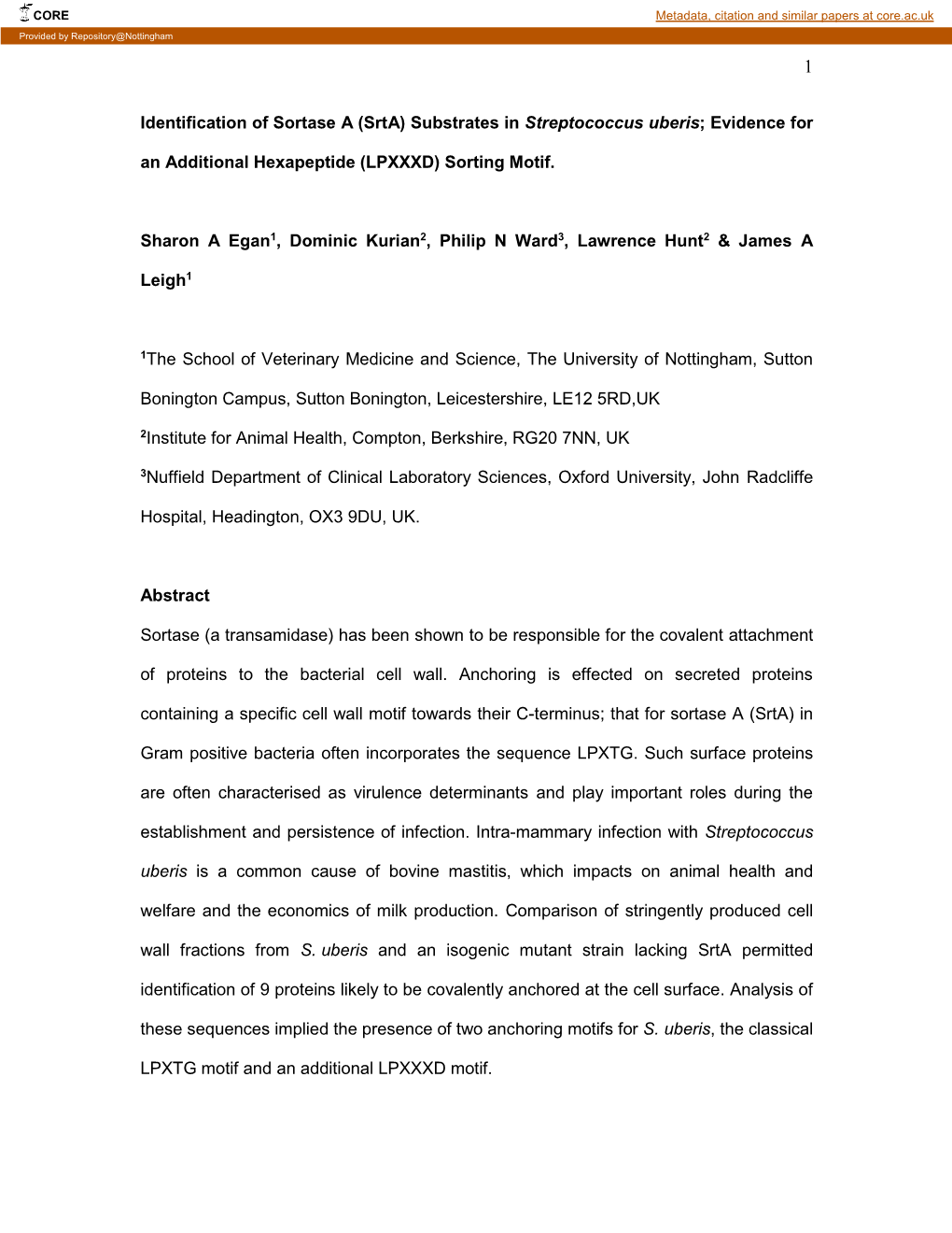 Identification of Sortase-Linked Proteins in Streptococcus Uberis