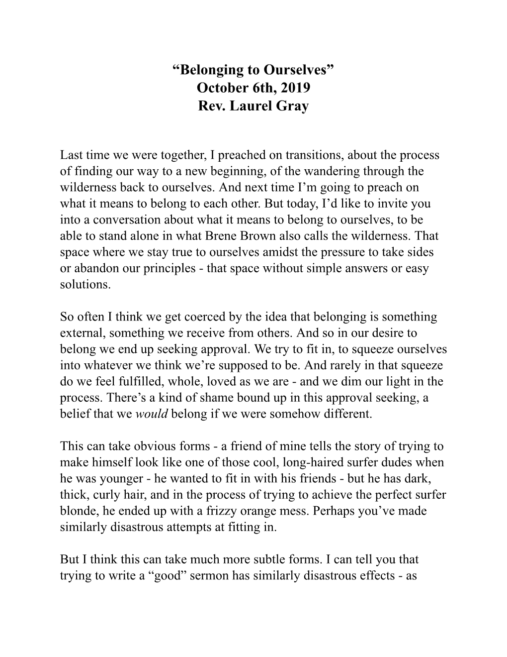 Belonging to Ourselves” October 6Th, 2019 Rev