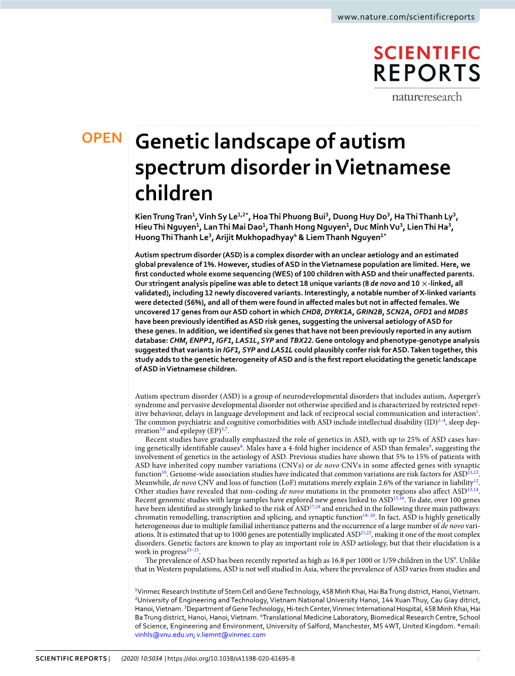 Genetic Landscape of Autism Spectrum Disorder in Vietnamese Children