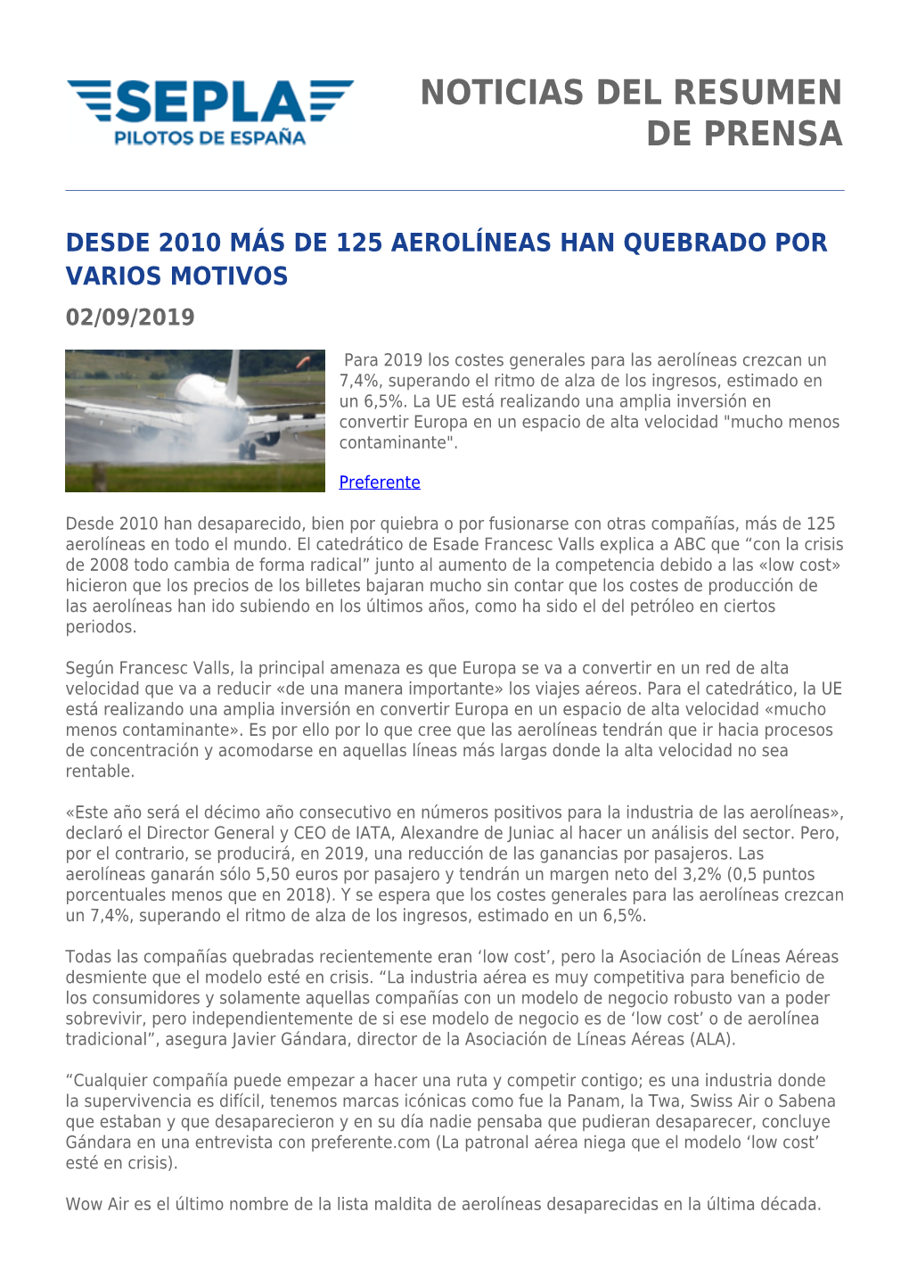 Noticias Del Resumen De Prensa Desde 2010 Más De 125 Aerolíneas Han Quebrado Por Varios Motivos 02/09/2019