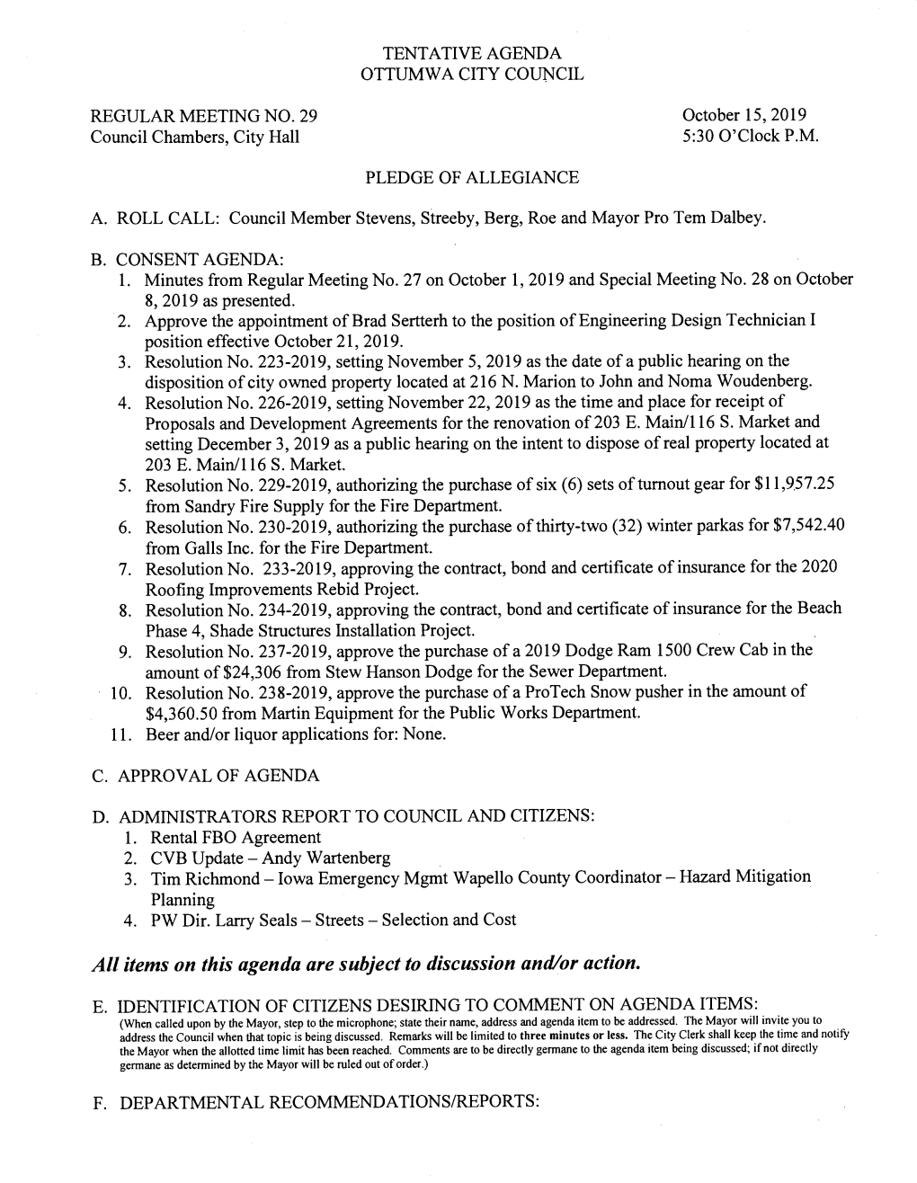 Setting December 3, 2019 As a Public Hearing on the Intent to Dispose of Real Property Located at 203 E