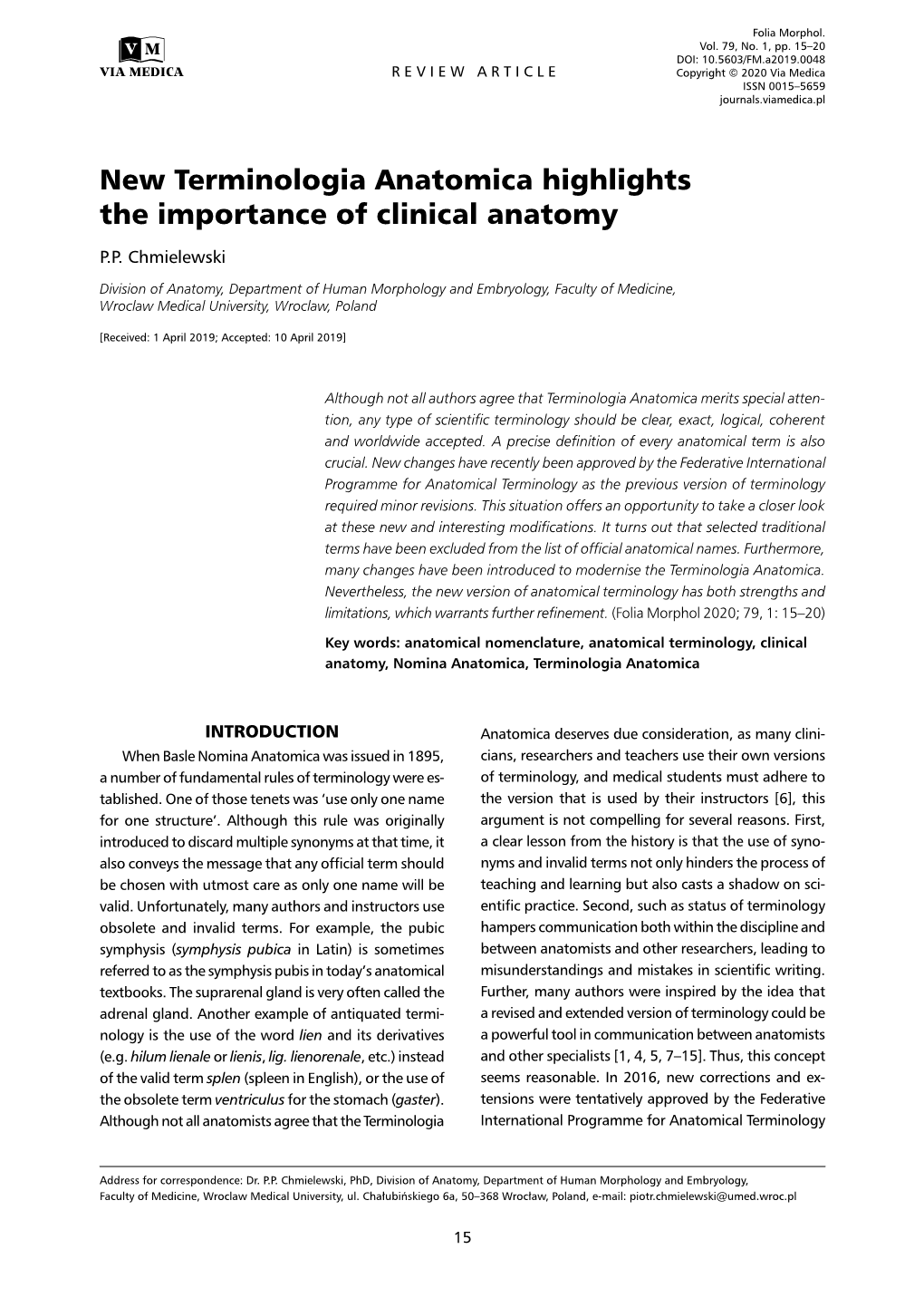 New Terminologia Anatomica Highlights the Importance of Clinical Anatomy P.P