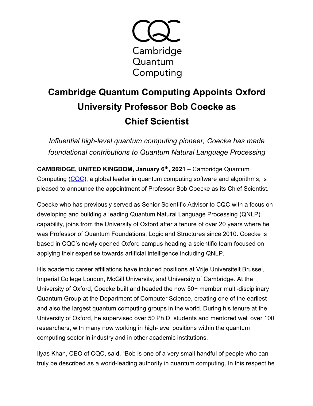 Cambridge Quantum Computing Appoints Oxford University Professor Bob Coecke As Chief Scientist