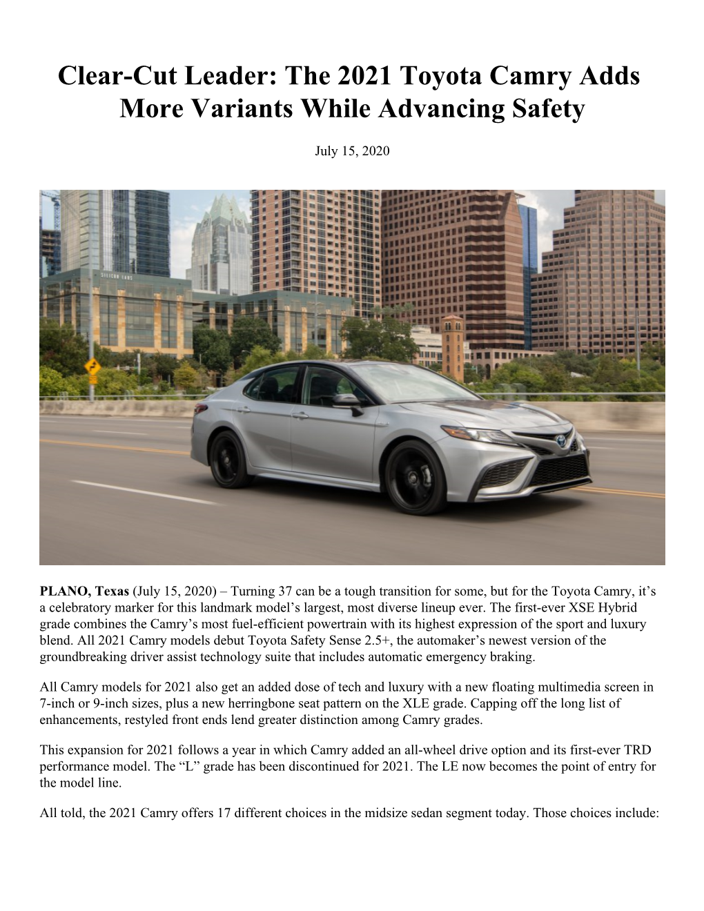 The 2021 Toyota Camry Adds More Variants While Advancing Safety