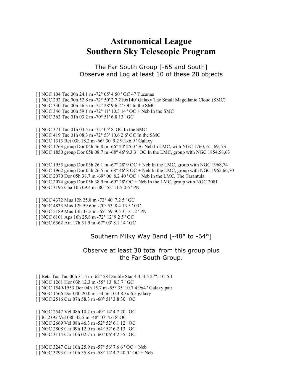 The Southern Sky Telescopic List