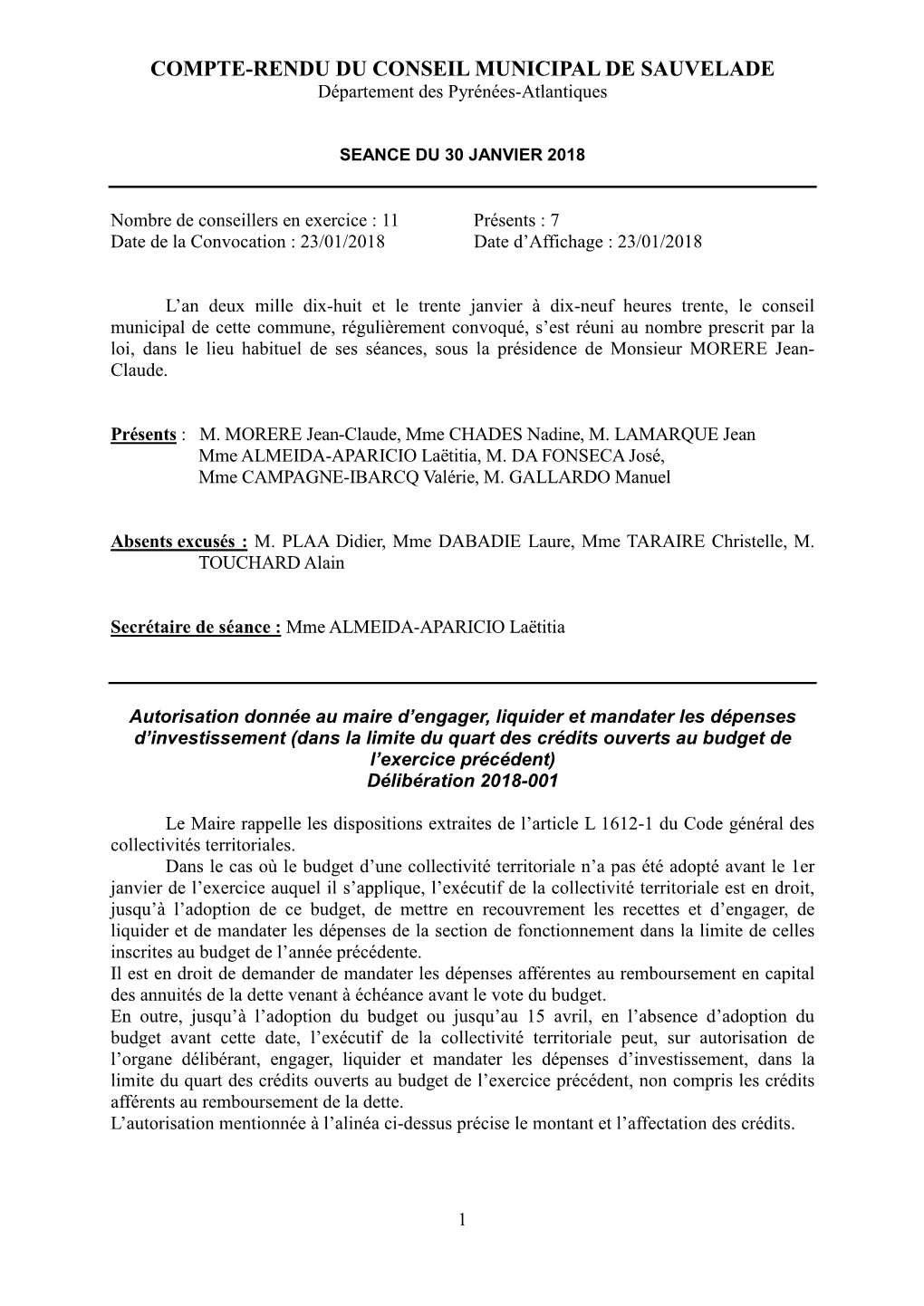 COMPTE-RENDU DU CONSEIL MUNICIPAL DE SAUVELADE Département Des Pyrénées-Atlantiques