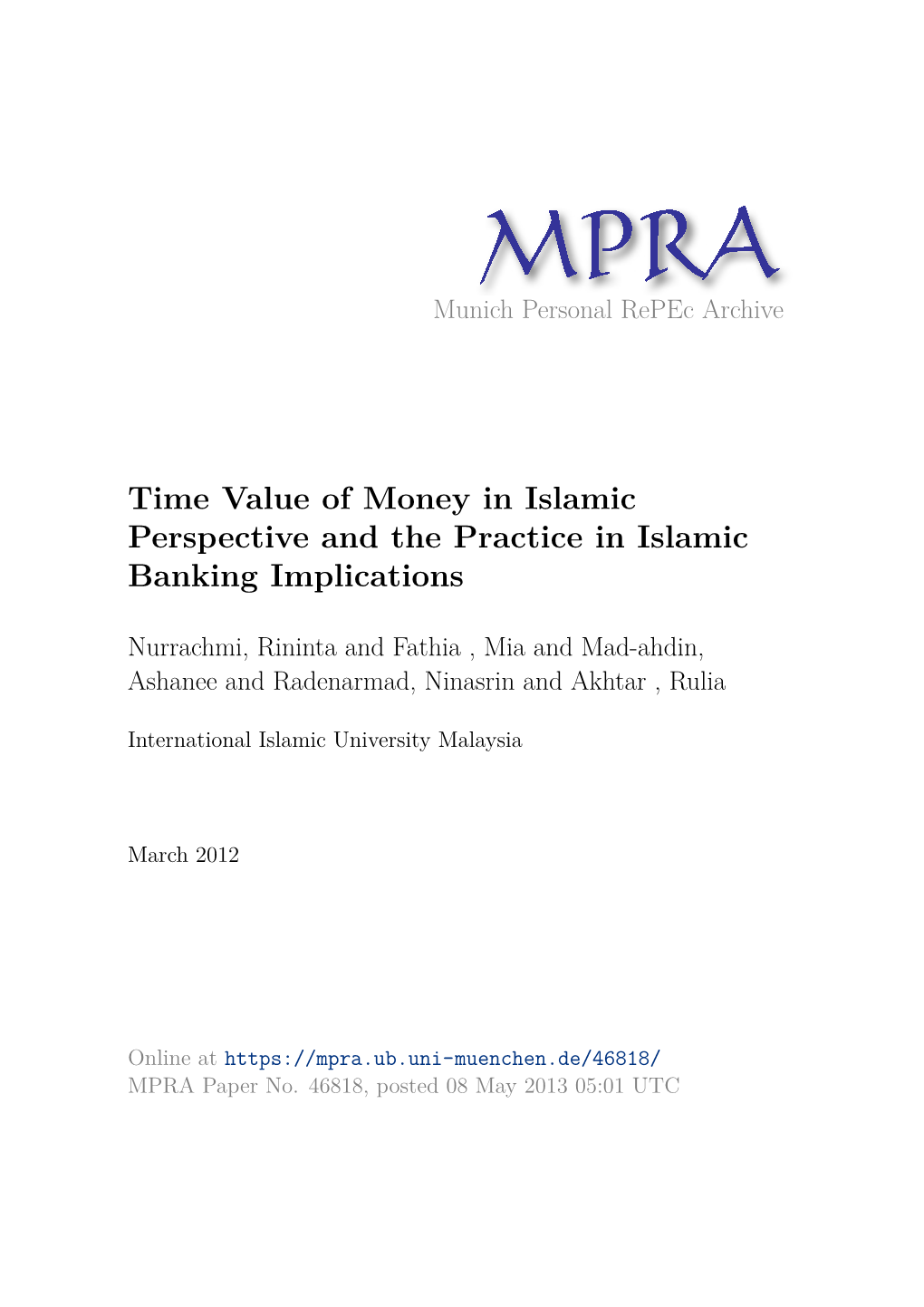 Time Value of Money in Islamic Perspective and the Practice in Islamic Banking Implications
