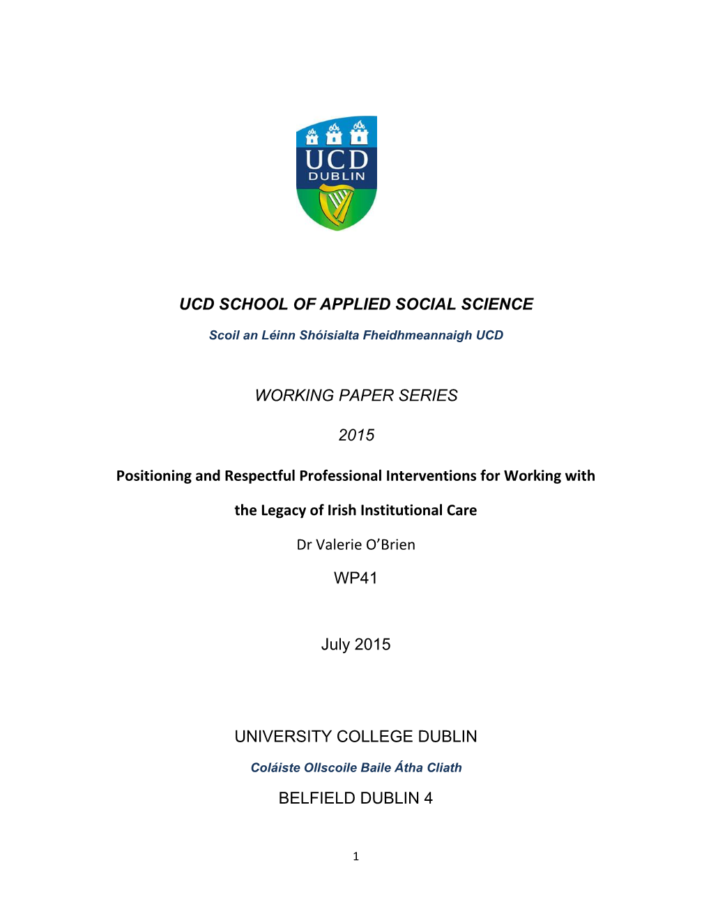 Ucd School of Applied Social Science Working Paper