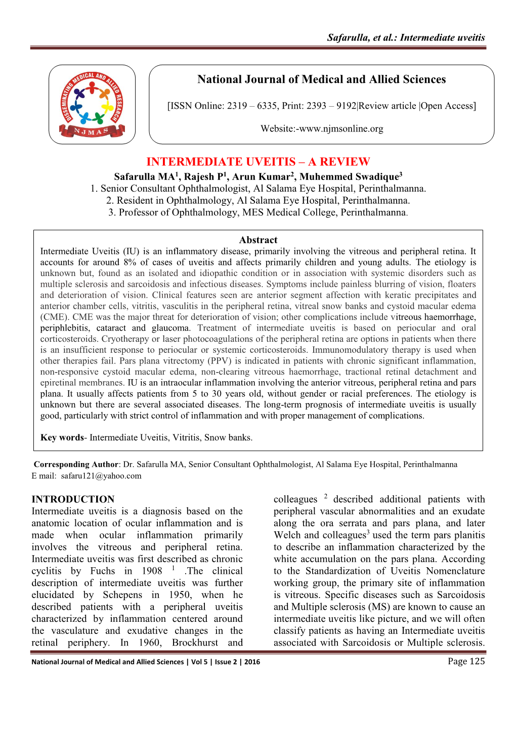 INTERMEDIATE UVEITIS – a REVIEW National Journal of Medical And