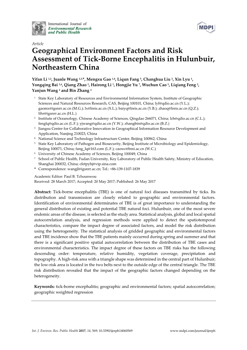 Geographical Environment Factors and Risk Assessment of Tick-Borne Encephalitis in Hulunbuir, Northeastern China