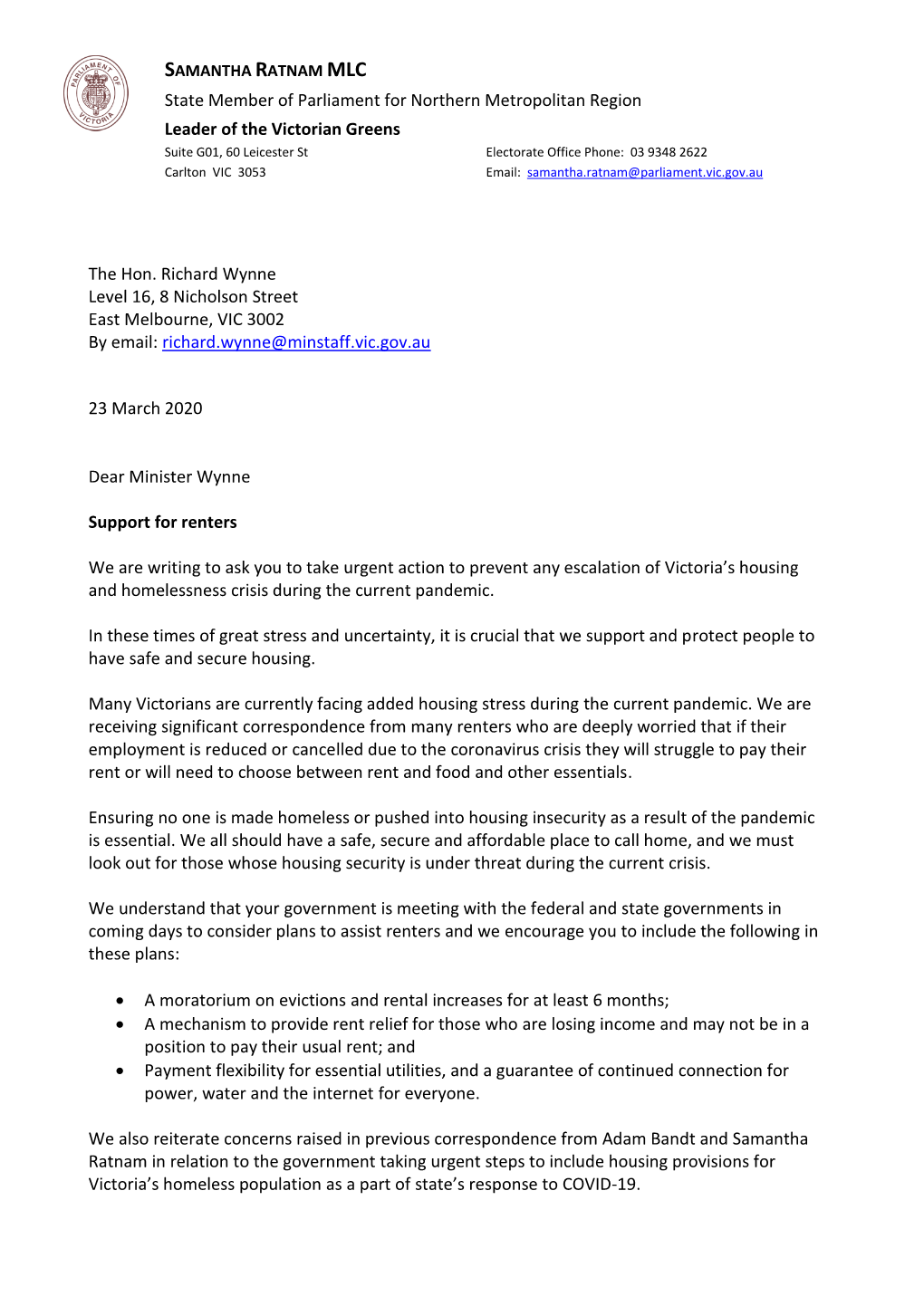 Victorian Greens Mps Letter to Ministers Wynne and Kairouz.Pdf