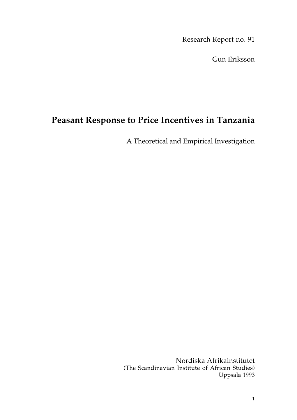 Peasant Response to Price Incentives in Tanzania