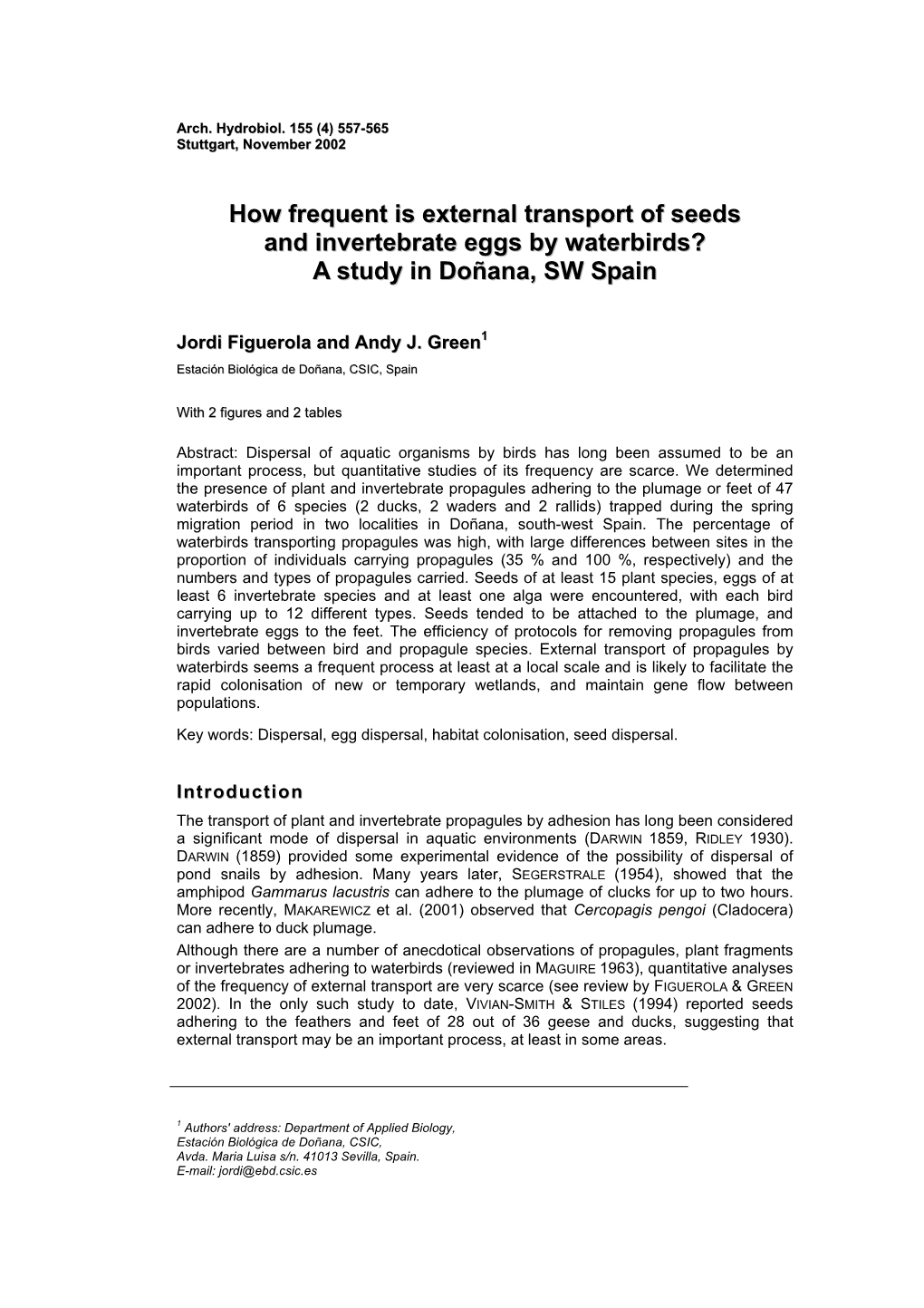 How Frequent Is External Transport of Seeds and Invertebrate Eggs by Waterbirds? a Study in Doñana, SW Spain