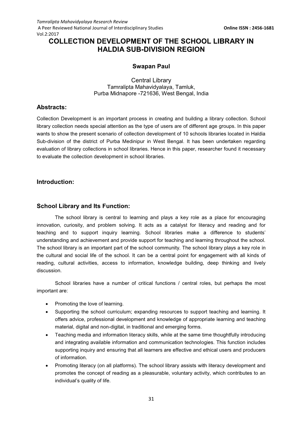 Collection Development of the School Library in Haldia Sub-Division Region