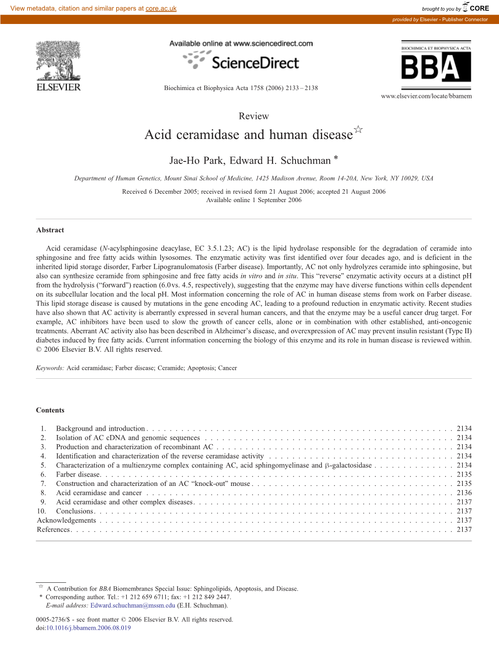 Acid Ceramidase and Human Disease☆ ⁎ Jae-Ho Park, Edward H