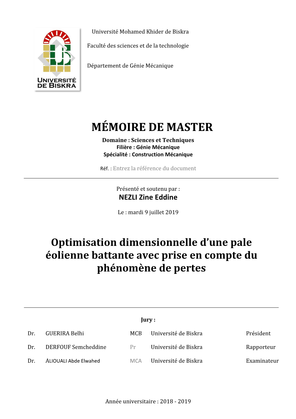 MÉMOIRE DE MASTER Domaine : Sciences Et Techniques Filière : Génie Mécanique Spécialité : Construction Mécanique