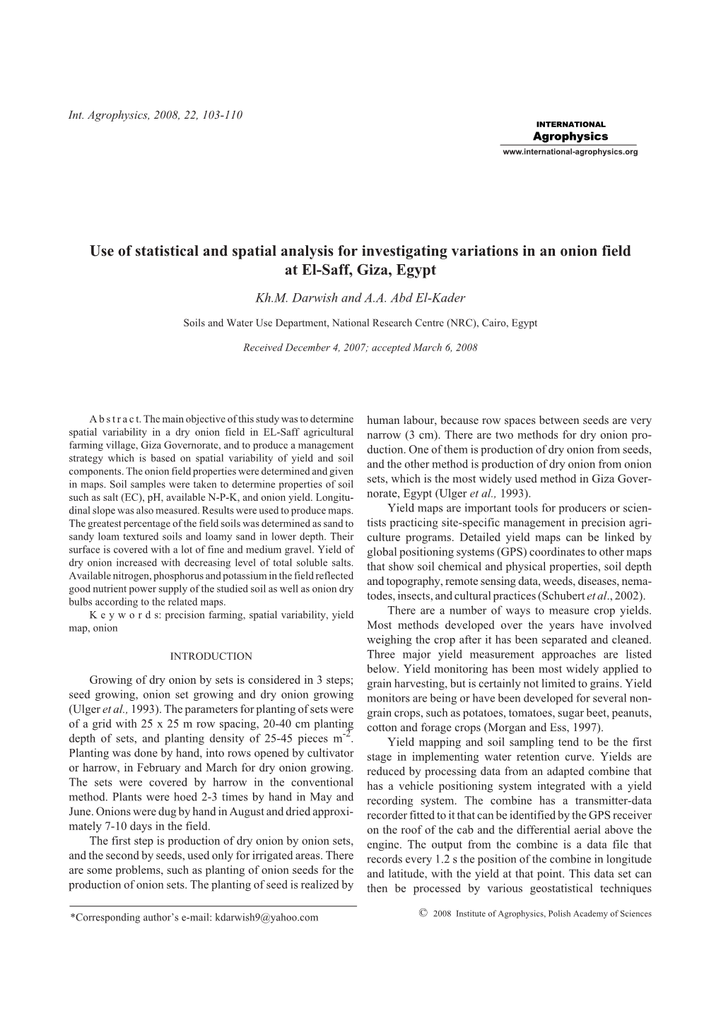 Use of Statistical and Spatial Analysis for Investigating Variations in an Onion Field at El-Saff, Giza, Egypt