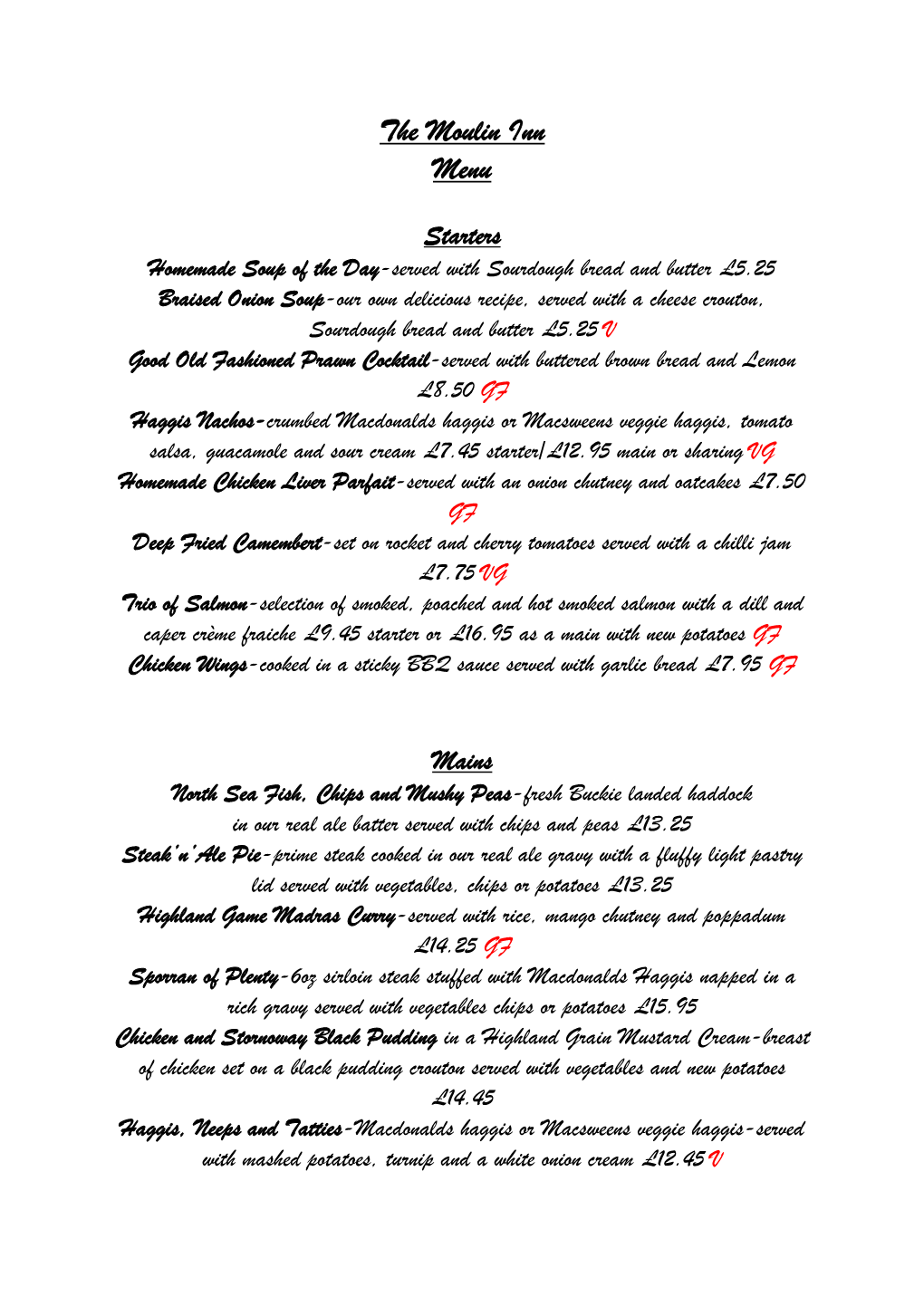 The Moulin Inn Menu