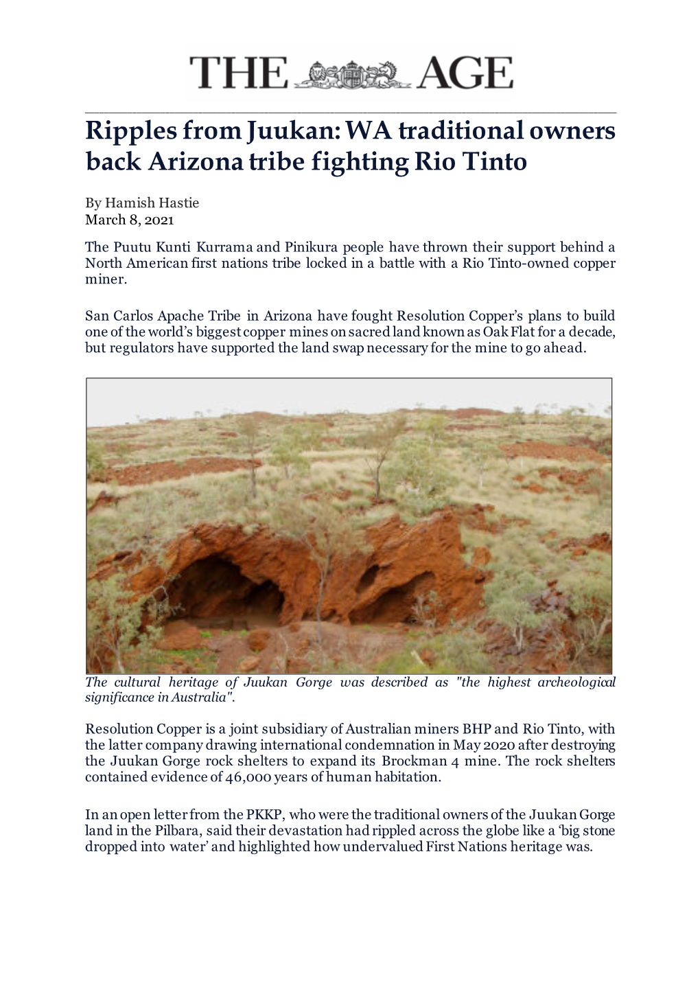 WA Traditional Owners Back Arizona Tribe Fighting Rio Tinto