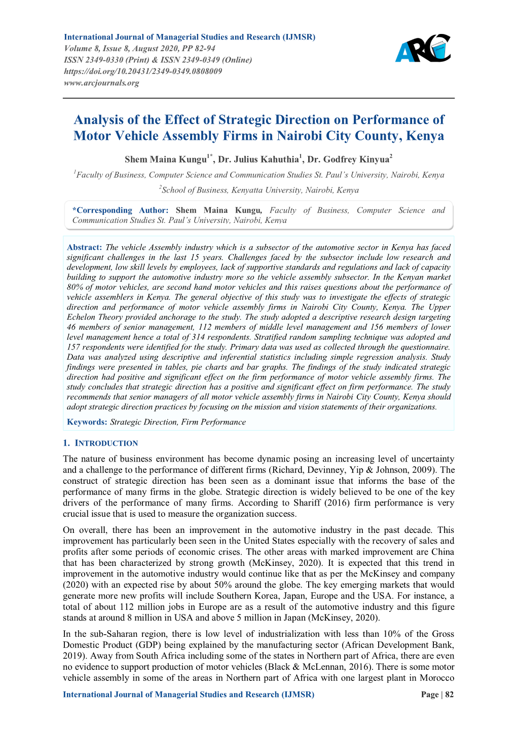 Analysis of the Effect of Strategic Direction on Performance of Motor Vehicle Assembly Firms in Nairobi City County, Kenya