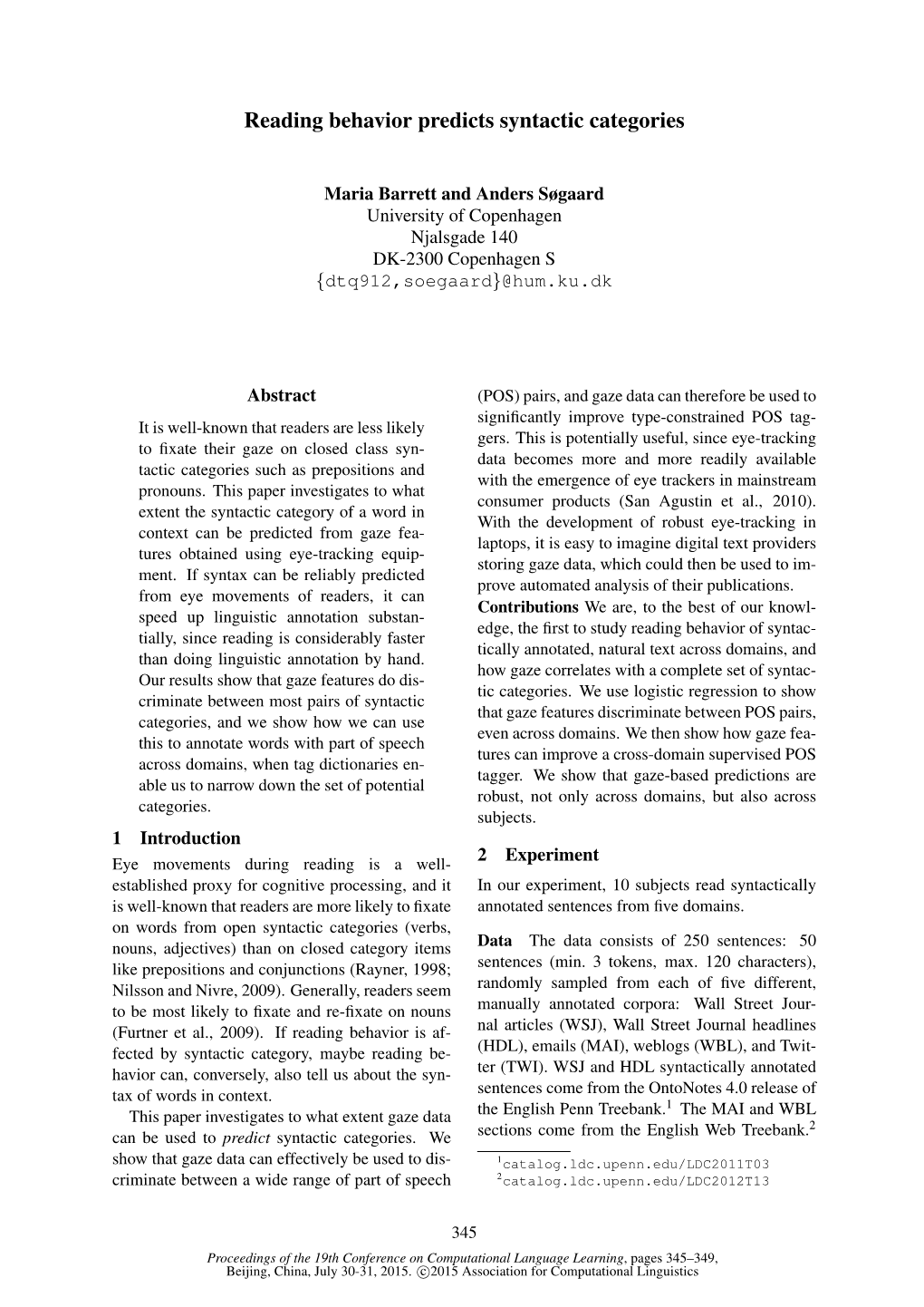 Reading Behavior Predicts Syntactic Categories