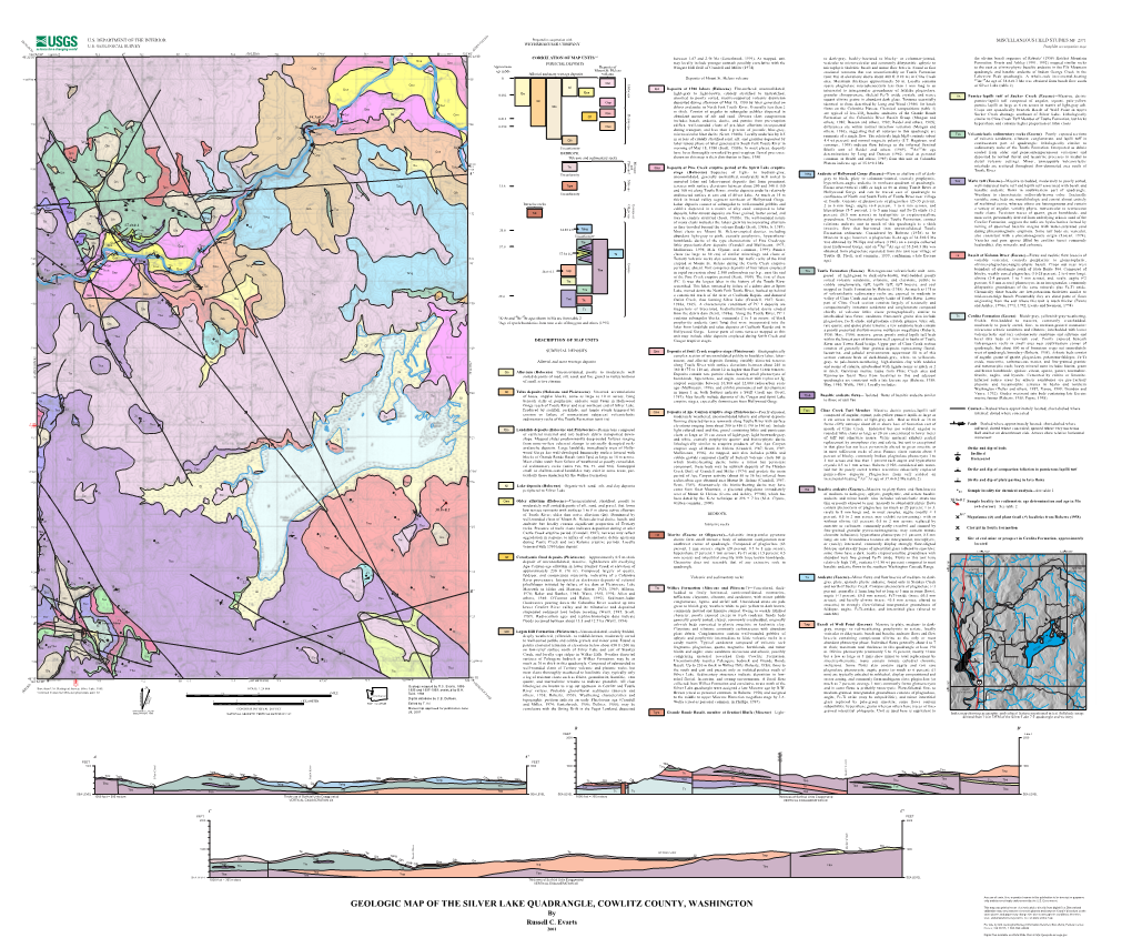 GEOLOGIC MAP of the SILVER LAKE QUADRANGLE, COWLITZ COUNTY, WASHINGTON This Map Was Printed on an Electronic Plotter Directly from Digital Files