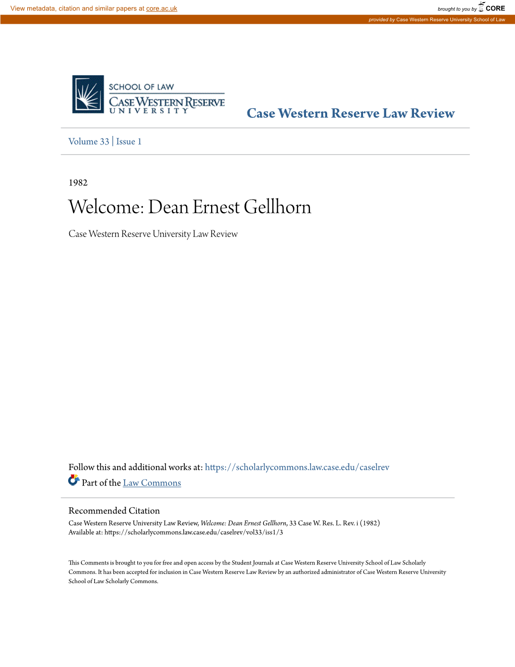 Dean Ernest Gellhorn Case Western Reserve University Law Review