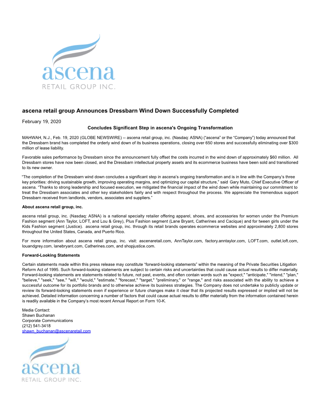 Ascena Retail Group Announces Dressbarn Wind Down Successfully Completed