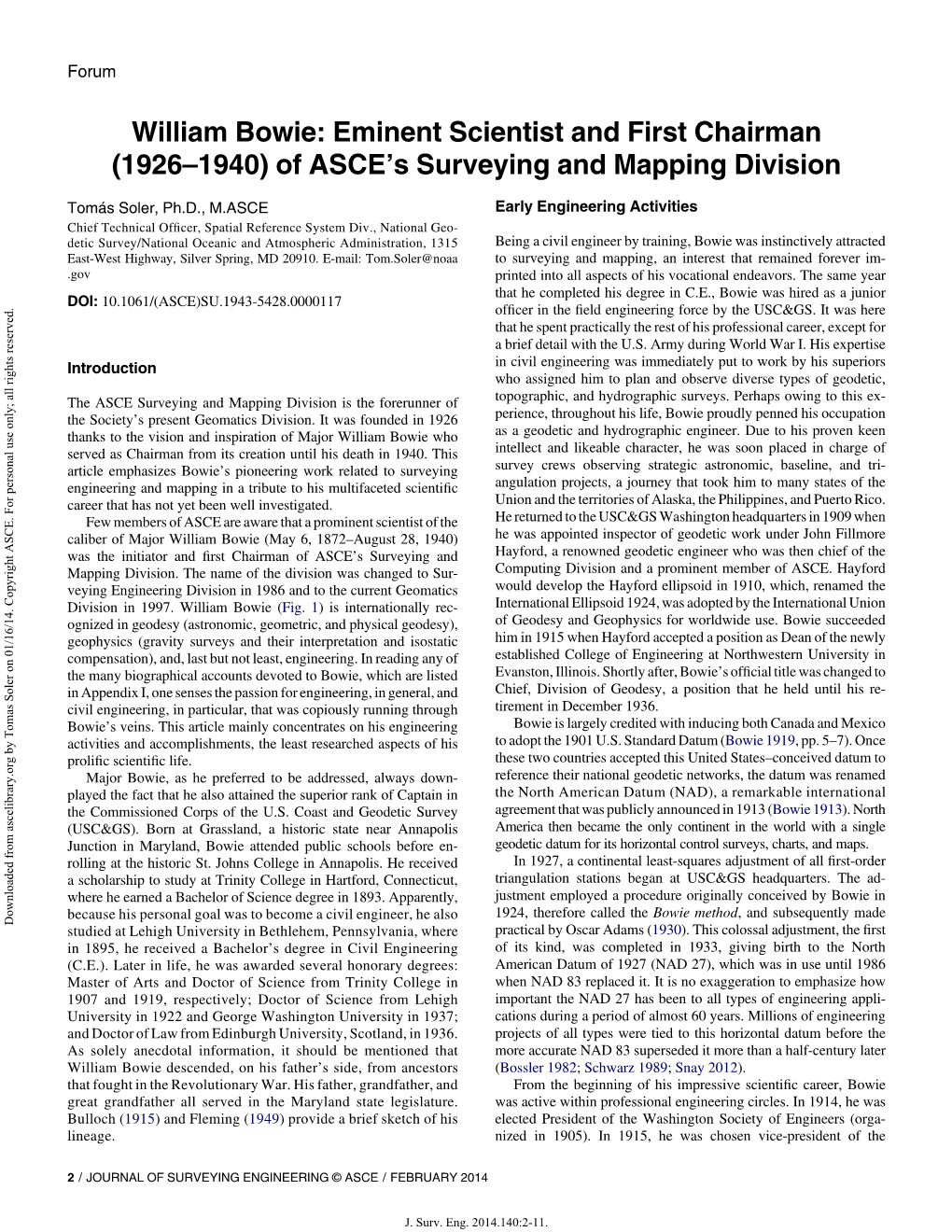 William Bowie: Eminent Scientist and First Chairman (1926–1940) of ASCE’S Surveying and Mapping Division