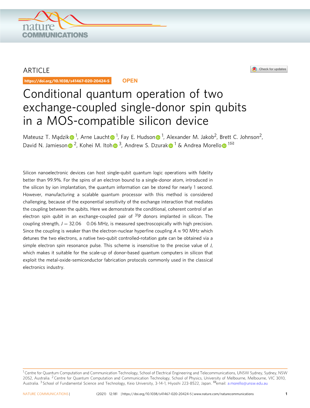 Conditional Quantum Operation of Two Exchange-Coupled Single-Donor Spin Qubits in a MOS-Compatible Silicon Device
