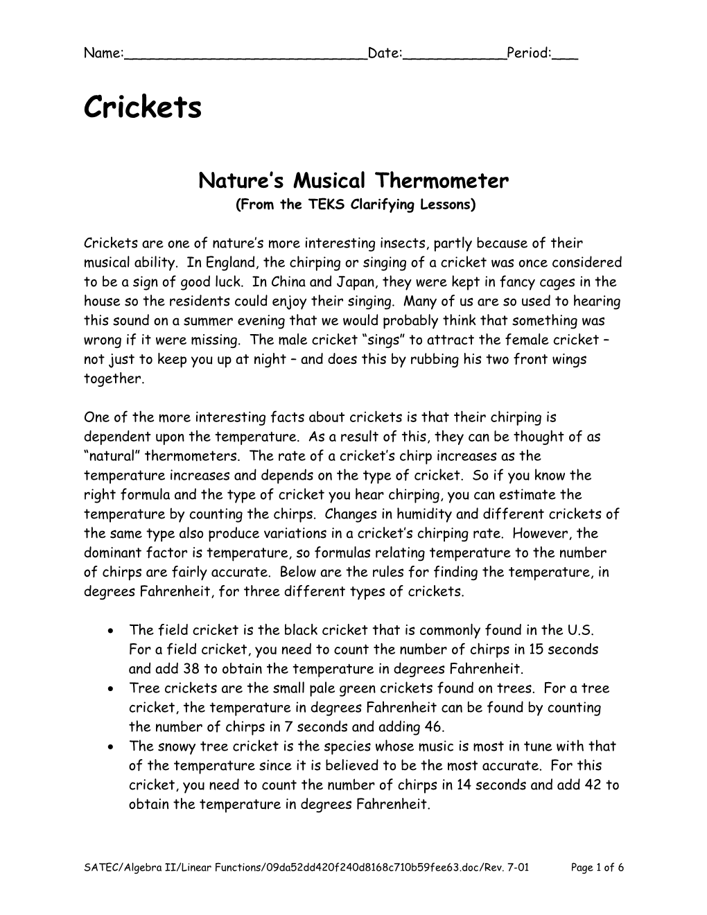 Crickets Nature S Thermometer (From the TEKS Clarifying Lessons)