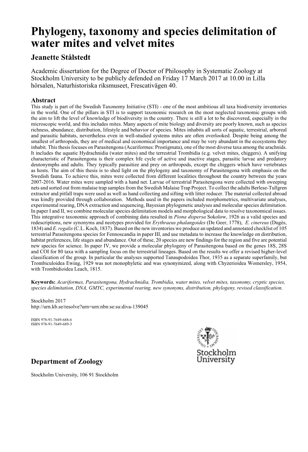 Phylogeny, Taxonomy and Species Delimitation of Water Mites and Velvet Mites