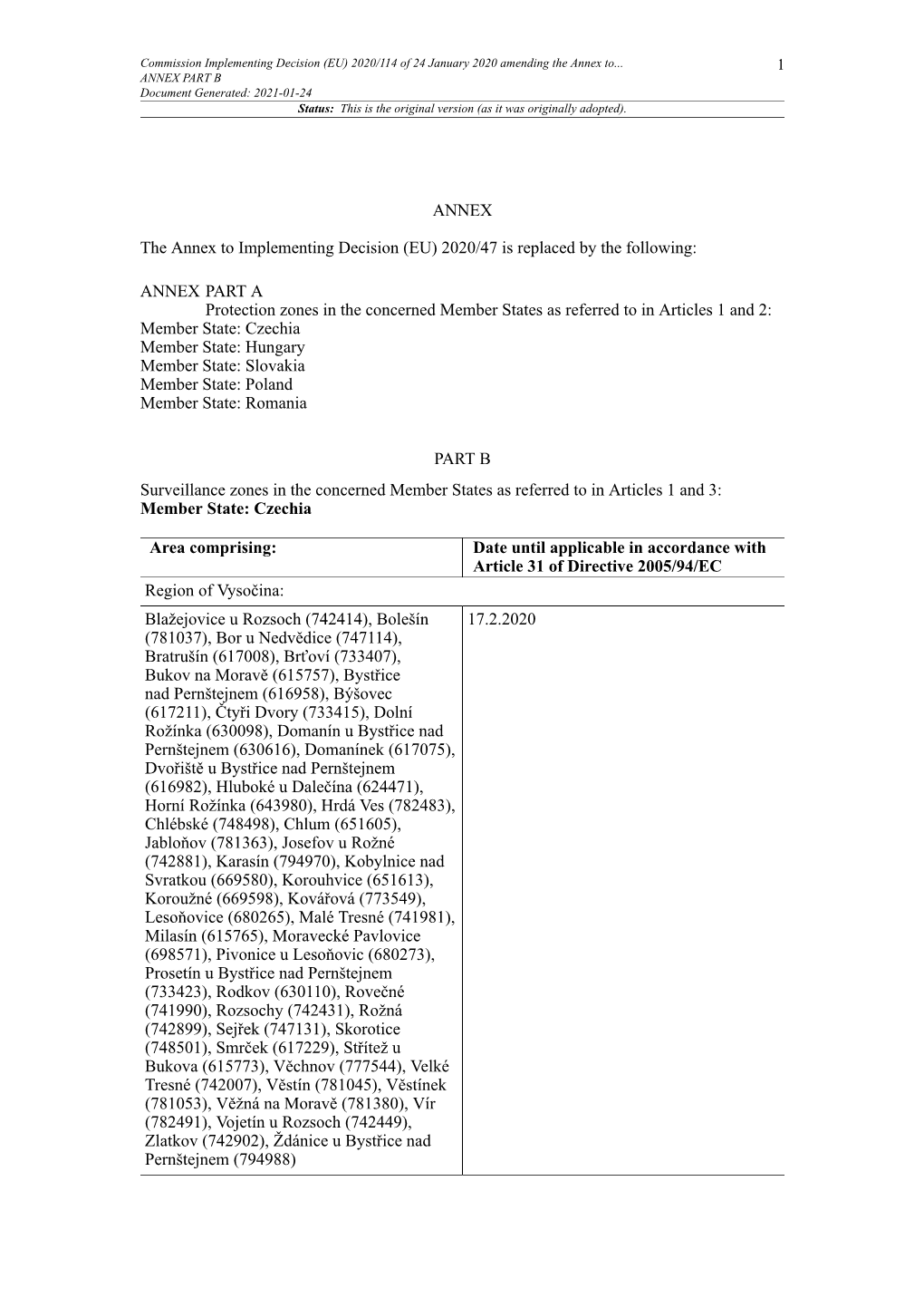 2020/114 of 24 January 2020 Amending the Annex To