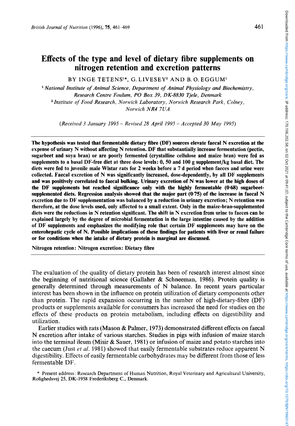 Effects of the Type and Level of Dietary Fibre Supplements on Nitrogen Retention and Excretion Patterns by INGE TETENS'*, G