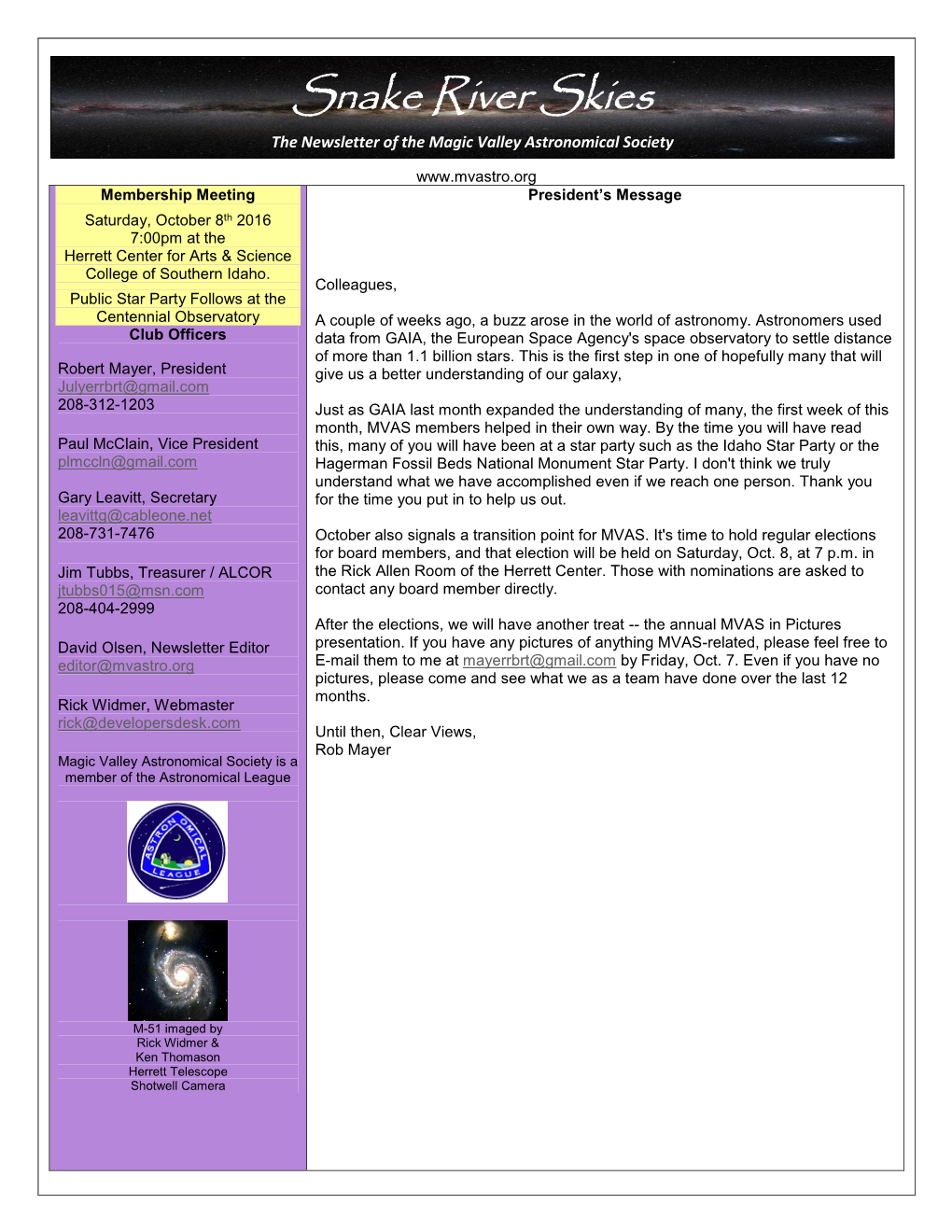 Snake River Skies the Newsletter of the Magic Valley Astronomical Society