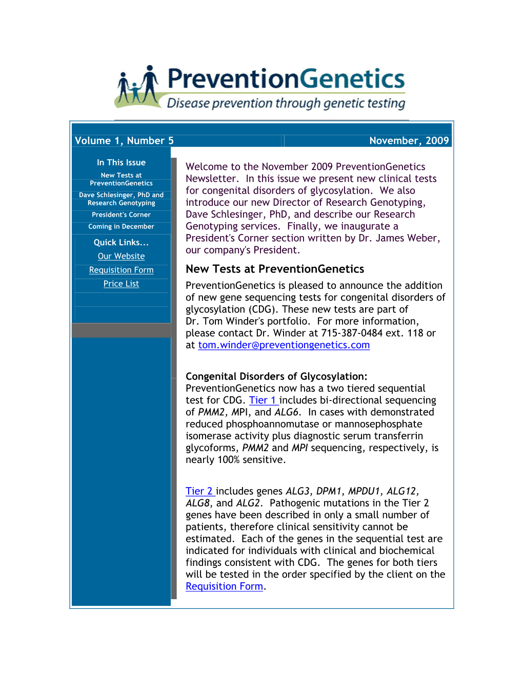 New Tests at Preventiongenetics Newsletter