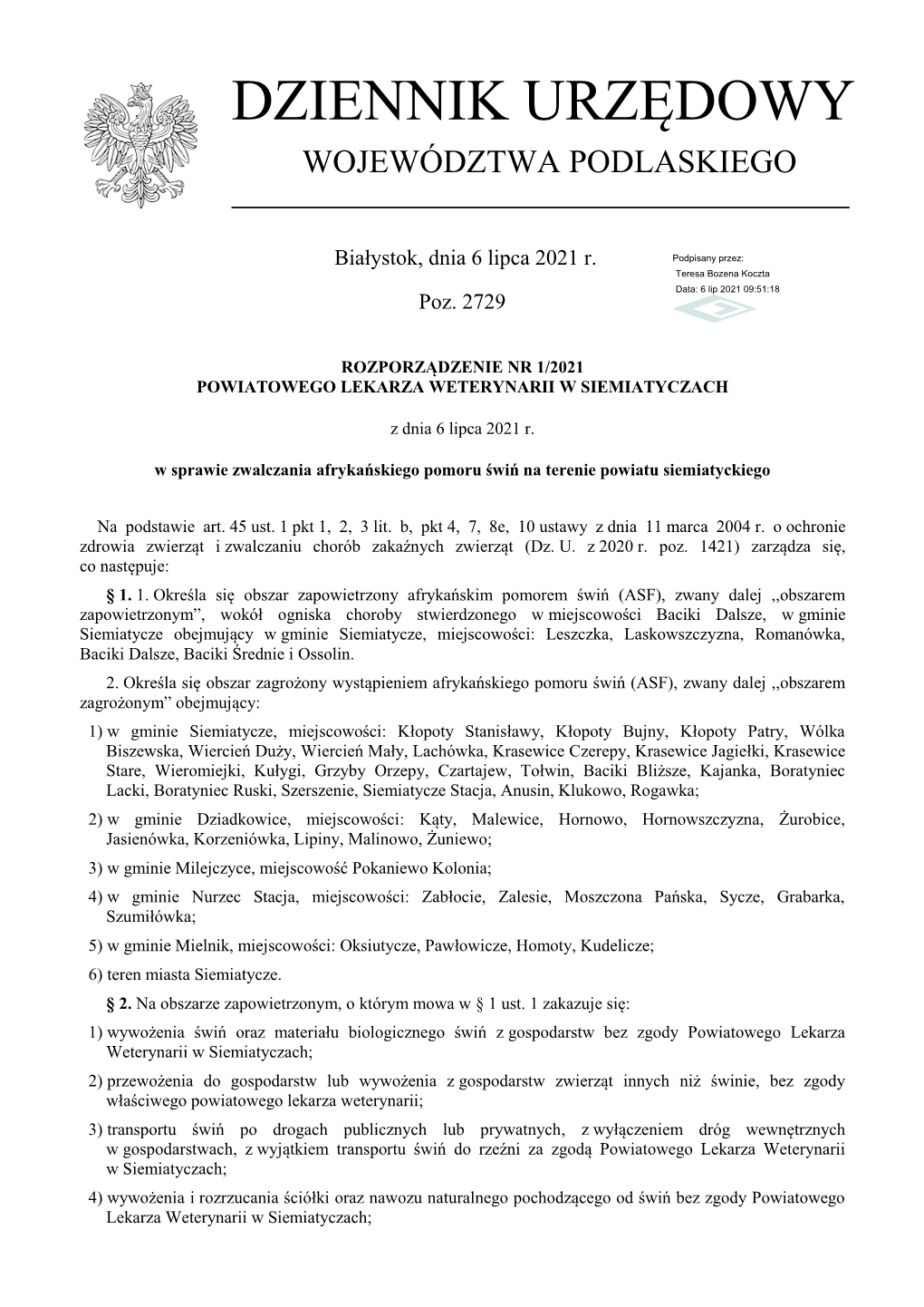 Rozporządzenie Nr 1/2021 Powiatowego Lekarza Weterynarii W Siemiatyczach