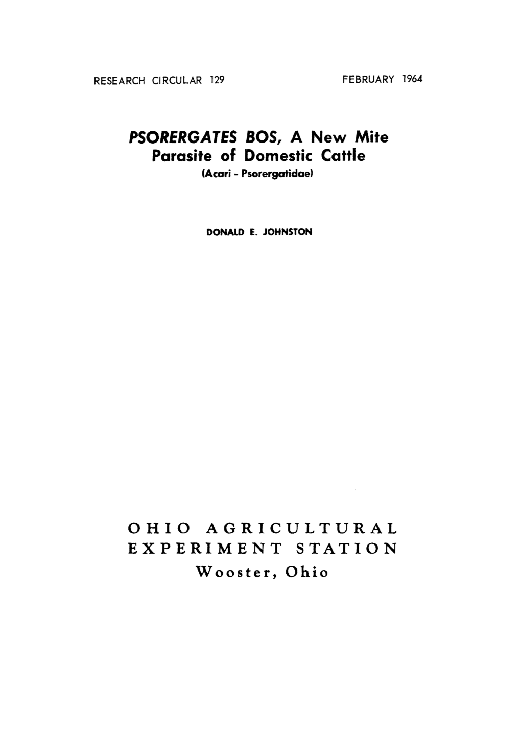 PSORERGATES BOS, a New Mite Parasite of Domestic Cattle