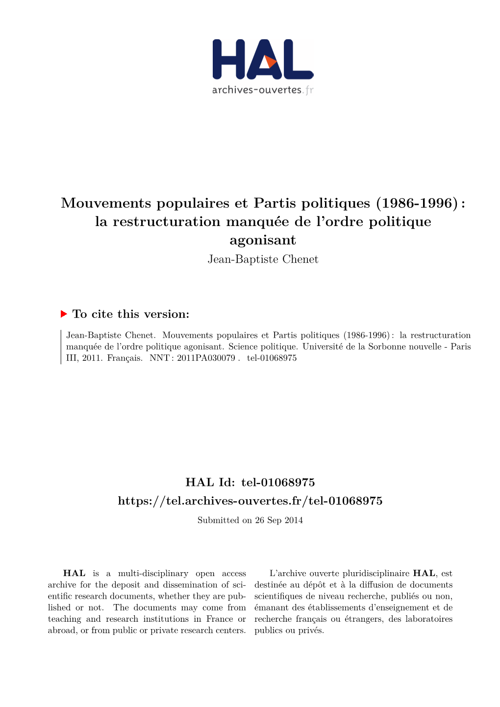 Mouvements Populaires Et Partis Politiques (1986-1996) : La Restructuration Manquée De L’Ordre Politique Agonisant Jean-Baptiste Chenet