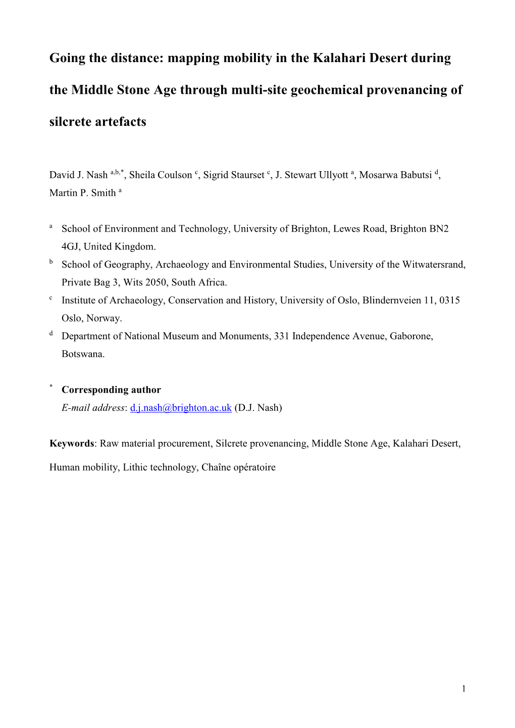 Mapping Mobility in the Kalahari Desert During the Middle Stone Age Through Multi-Site Geochemical Provenancing of Silcrete Artefacts