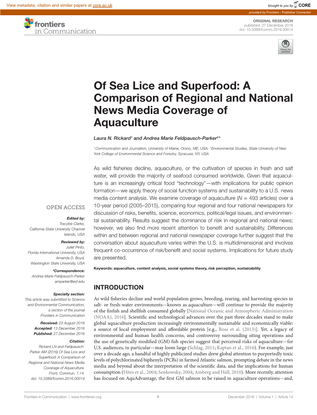 Of Sea Lice and Superfood: a Comparison of Regional and National News Media Coverage of Aquaculture