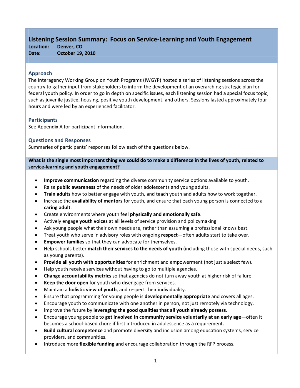Listening Session Summary: Focus on Service-Learning and Youth Engagement Location: Denver, CO Date: October 19, 2010