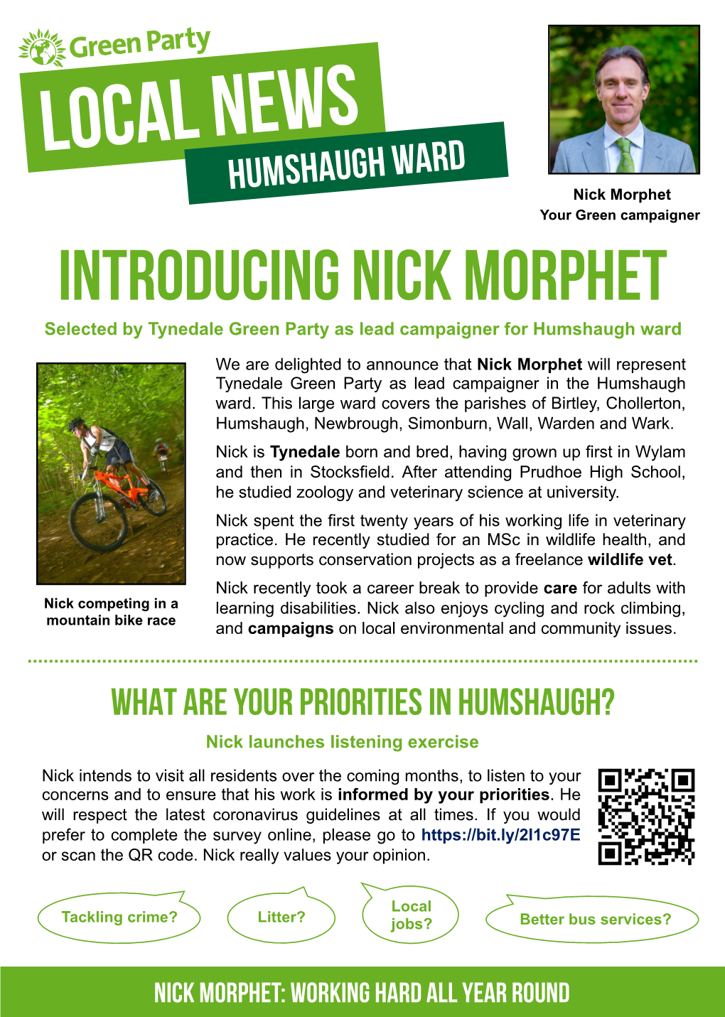 INTRODUCING NICK MORPHET Selected by Tynedale Green Party As Lead Campaigner for Humshaugh Ward