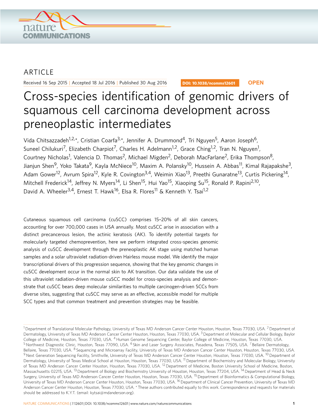 Cross-Species Identification of Genomic Drivers of Squamous Cell
