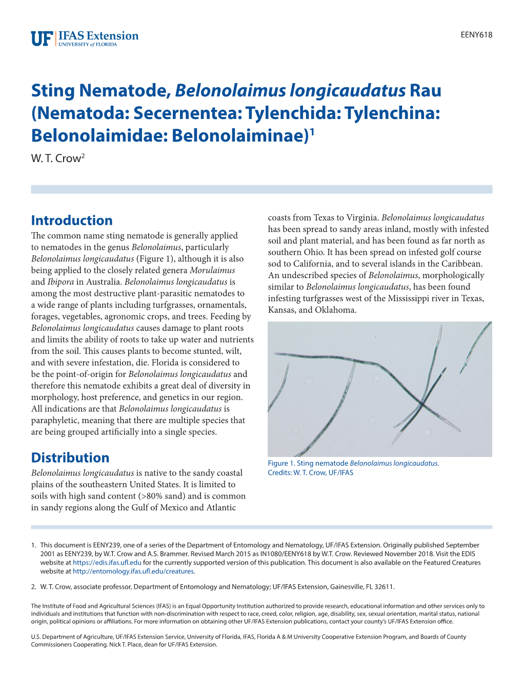 Sting Nematode, Belonolaimus Longicaudatus Rau (Nematoda: Secernentea: Tylenchida: Tylenchina: Belonolaimidae: Belonolaiminae)1 W