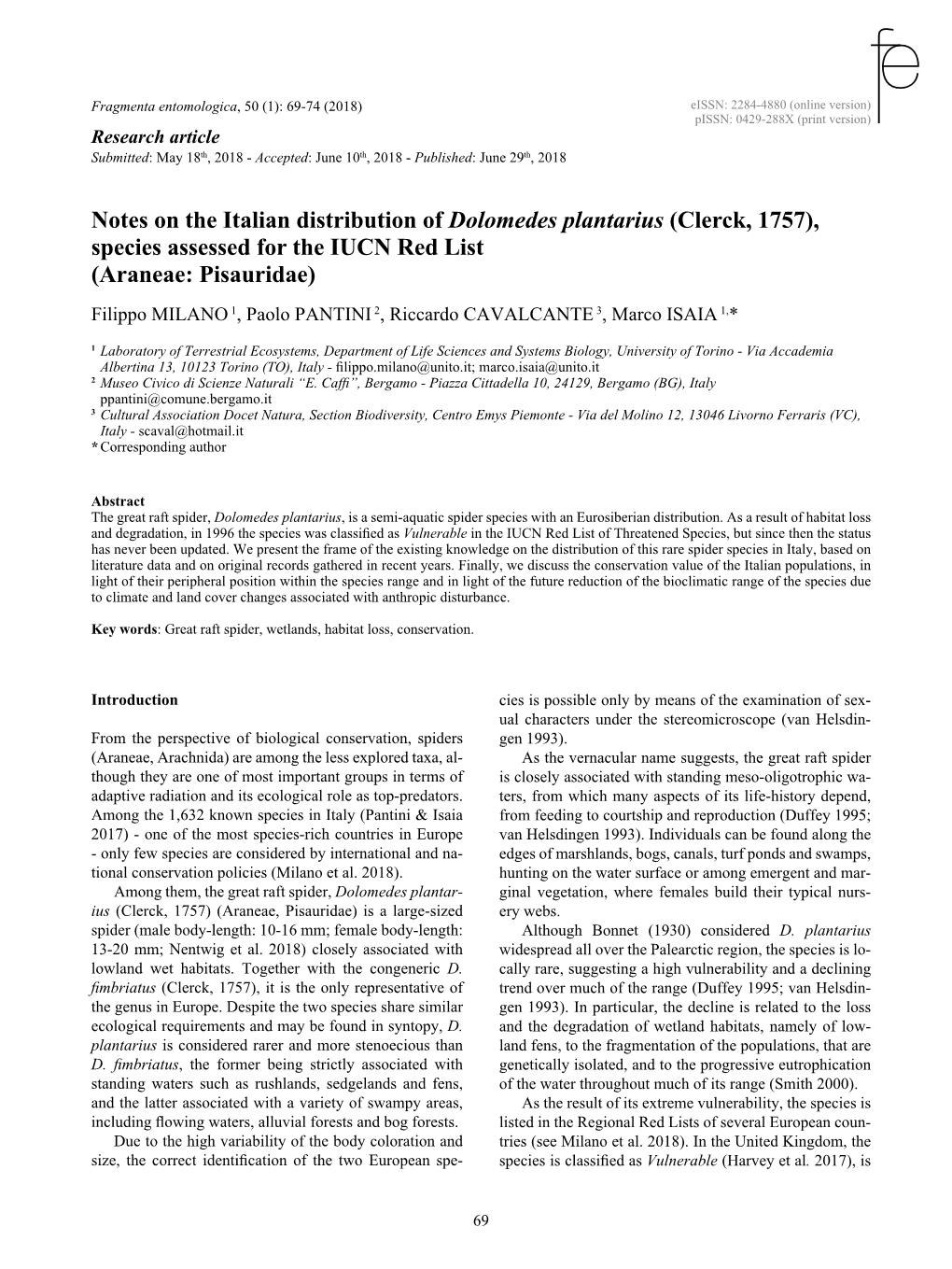 Notes on the Italian Distribution of Dolomedes Plantarius (Clerck