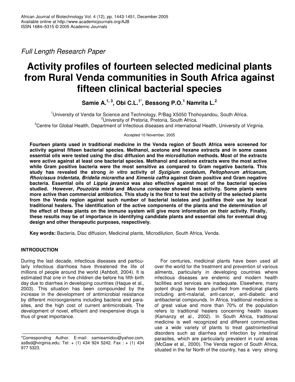 Activity Profiles of Fourteen Selected Medicinal Plants from Rural Venda Communities in South Africa Against Fifteen Clinical Bacterial Species