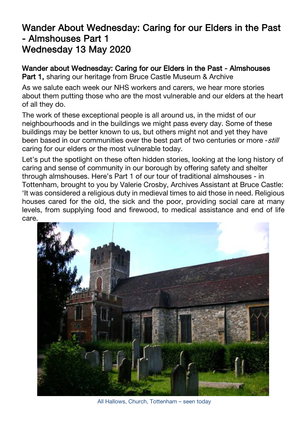 Wander About Wednesday: Caring for Our Elders in the Past - Almshouses Part 1 Wednesday 13 May 2020