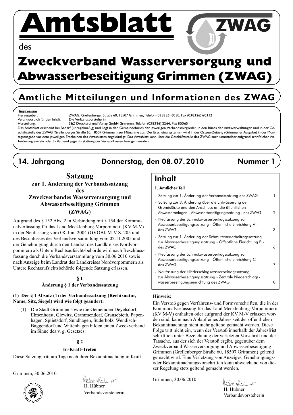Amtsblatt Des Zweckverband Wasserversorgung Und Abwasserbeseitigung Grimmen (ZWAG)